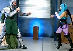 Abigail Mac as Morricunt is ready to fight with Charles Dera as Dr. Poon