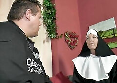 NUN VISITING HER PARISHIAN COMFORTS HIM BY GETTING BANGED ON THE SOFA COMING ON HIM