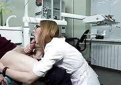 The female doctor grabbed patient rod and began to give him a coarse hardcore oral pleasure