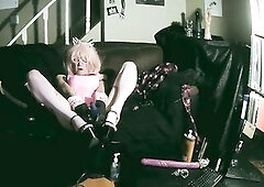sissy bimbo sissylanaYYC plays with her toy. All clothed up in glamorous pink pvc and underware. Spun bimbo watches her movie scene and inserts her bi