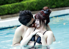 Chinese slut with natral boobs having sex in the pool