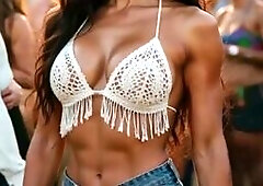 Fit Trans Cowgirl in Fringe Bikini Top Sticking Tongue Out at Festival