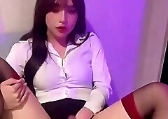 Asian Shemale Stroking Her Cock