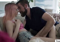 TS model and her stepdad are on the bed giving a kiss every other.After that,that babe lets her stepdad lick her butt 1st and in return,this babe mout