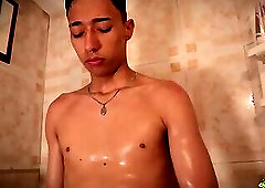 Hot Twink Jacobo Torres Jerking His Big Uncut Cock in the Shower Shooting His Cum All Over the