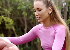 Curvy gym bunny Mary Rock seduces her muscular neighbor after a steamy outdoor workout