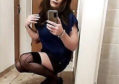 Crossdresser in ebony nylons and blue top plays and teases with her strong schlong....