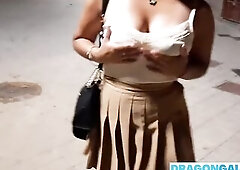 Risky public flashing breasts and oral-job cum in throat at home