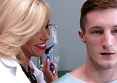 A blonde with large tits spreads her legs and she gets pounded