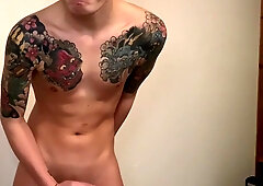 Tatted ladylike twunk Ryo Foxx strokes solo and finishes off