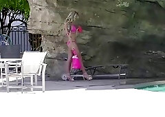 Blonde shemale gets fucked by two cocks after pool day