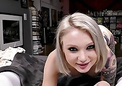 Tattooed food fetish babe in POV sucks and rides her boyfriends cock