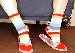 Chilly feet need thick rainbow-colored socks. Fuzzy enjoyment in pink flip flops natural shoe play, toe widening gobbling up the belt thong. Arched fe
