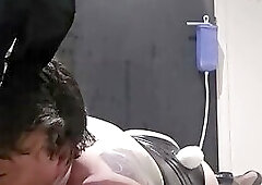 SissyBunny takes big milk enema, then plugged with huge dildo and self hogtie