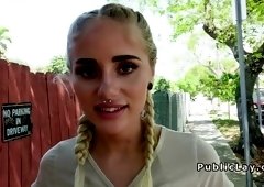 Friendly stunning blonde bangs outdoor pov