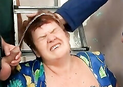 Brunette hair granny voids urine has group-sex with three dudes.