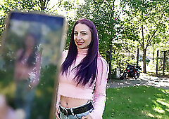 GERMAN SCOUT - Purple Hair German Inked MILF Devil Akita with long labia Pick Up for First Time Casting Fuck