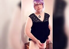 Pantyluvn sissy in her little ebony suit making a sticky white mess. Wearing ebony watch throughout pants and nylons. Using her sex toy and booty plug