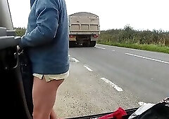 Parked at side of road and changing into cross dress, a little windy !!