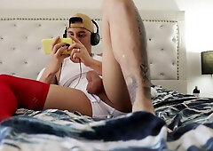 Man Masturbates With A Transparent Stocking On