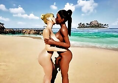 Slutty Interracial Futanari Sex on the beach, CG futa