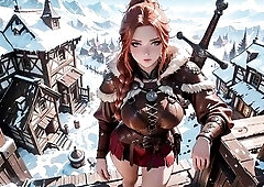 In a snow-overspread medieval valley, the redheaded warrior emerges as an icy queen! Clad in enormous brown leather armor, this babe glides between wo