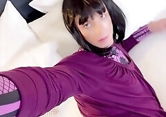 Gorgeous German shemale showcases sexy lingerie and high heels in solo masturbation scene