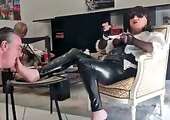 Older trans dominatrix use her slave