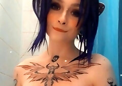 Busty curly brunette with big boobs fucks on couch