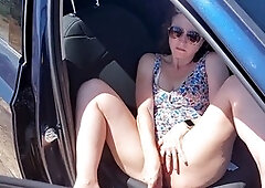 Horny milf Filthy Curious can't wait to get home, uses motel utensils for an outdoor climax on a country road