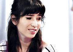 Brunette lesbian masseuse rubs her hairy pussy in the bathroom while flaunting her small tits and tight ass