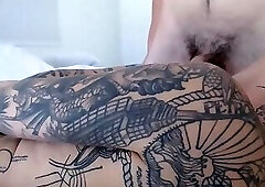 Shemale blondie taes care of a dude's coc