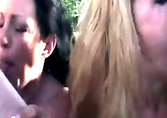 Experienced hotties get their faces drenched in cum whilst sucking and licking pulsating schlongs in the backyard.
