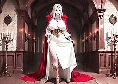 When the solemn Gothic library meets this blond knight, the story starts. Clothed in an elegant white robe and a striking red cape, this babe stands l