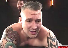 Eddie Patrick teases Baxxx genitals with a crop while grabbing his pecs