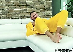 Costumed Jeffrey Lloyd tugging hairy cock and cumshot