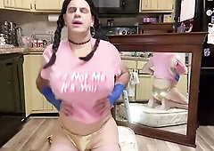 Whilst wearing a cute "It's not me. It's u" pink top, hot hair-braided transsexual bounces up and down on big sex-toy with honey f