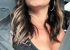 Busty curly brunette with big boobs fucks on couch