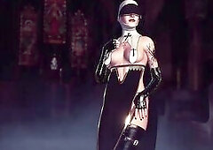Lewd older nun in ebony dress solo posing out of pants in cathedral
