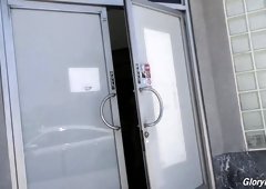 Nice naturally looking auburn girl stands on knees and sucks gloryhole BBC