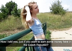 Public Agent Slutty blondes constricted body drilled for money in forest
