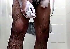 Washing BIG BLACK COCK and ballsack mushy to rock-hard