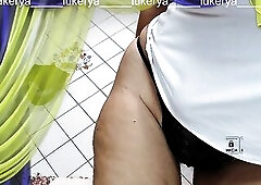 Non-undressed flirting, legs widen wide, sitting on the washing machine, titties jiggling. Lace pants are eaten by chunky unshaved snatch. Wide movabl