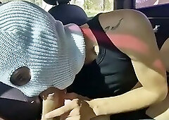 A brazen femboy slut is covered in cum on the highway without condoms with a trucker