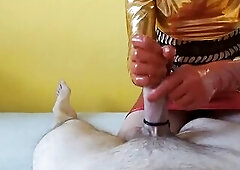 Tripple Climax Latex Tugjob using Rod Ring and Massage Oil