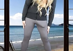 Giant knob t-girl does yoga in beach abode