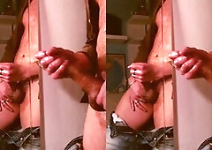 Cum on mirror, oiling cock, jerkoff