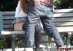 Sexy Japanese babe caught on hidden camera blowing cock and riding it hardcore in public park.