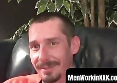 Rough stud smokes during an interview and masturbates solo vigorously