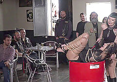 brown-haired marionette smashes in bikers shop